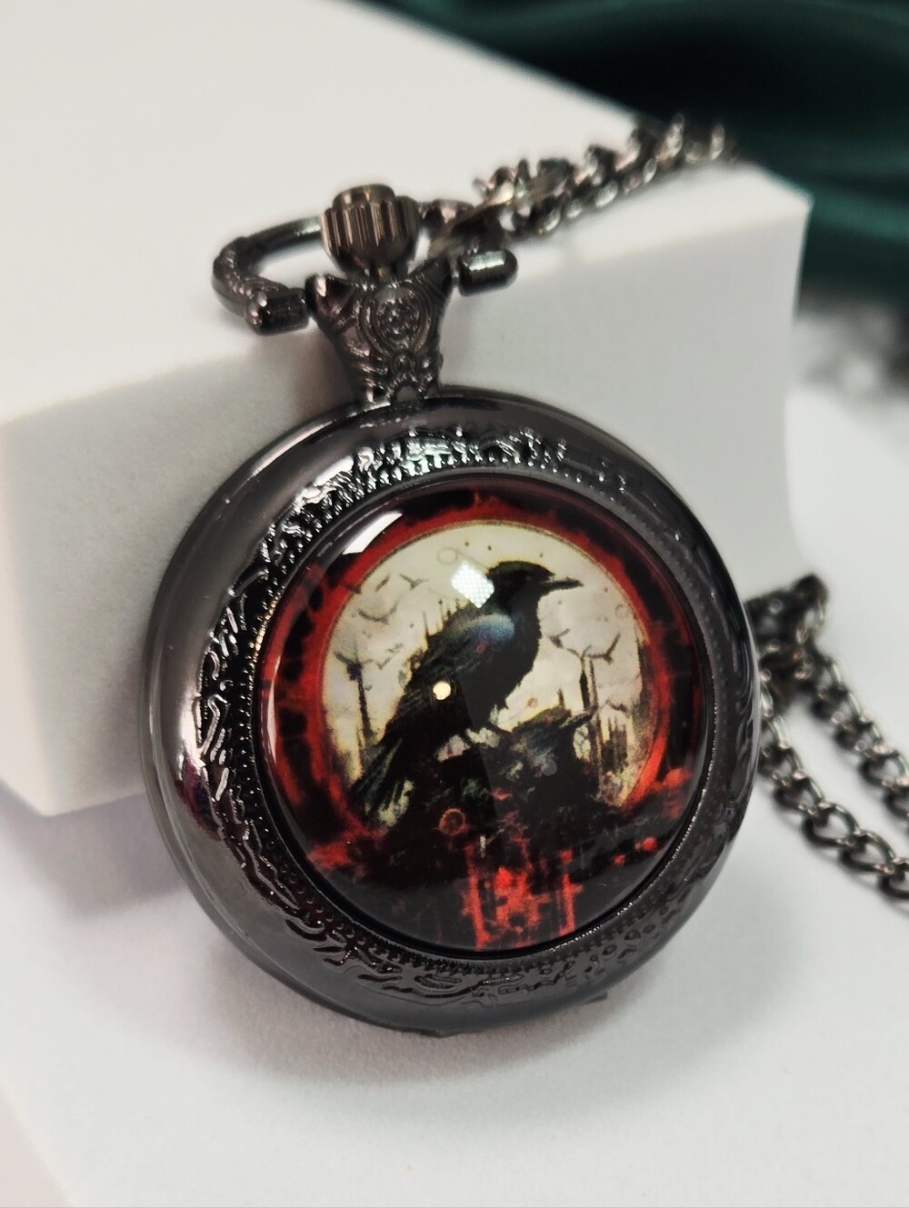 Raven Pocket Watch Necklace Gothic Black Crow Pendant Dark Academia Crimson Halo